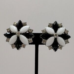 VINTAGE Large Crystal Milk Glass Clip-On Earrings